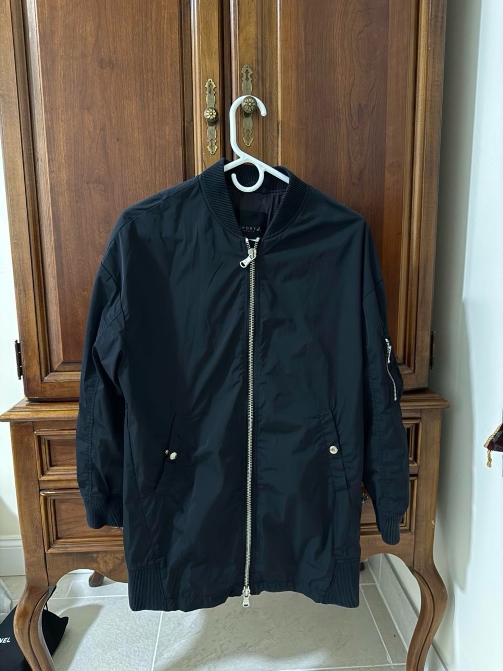 Women's Black Long Bomber Jacket with Front Zip